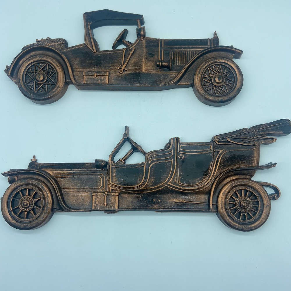 Vintage Classic Car Wall Plaques Set of 2 - Faux Copper MCM Dart Plastic Hanging
